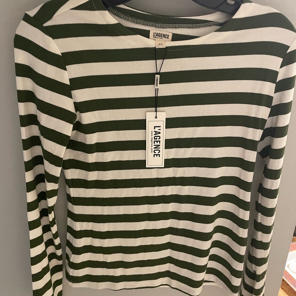L'AGENCE Olive and White Striped Long Sleeve Top
